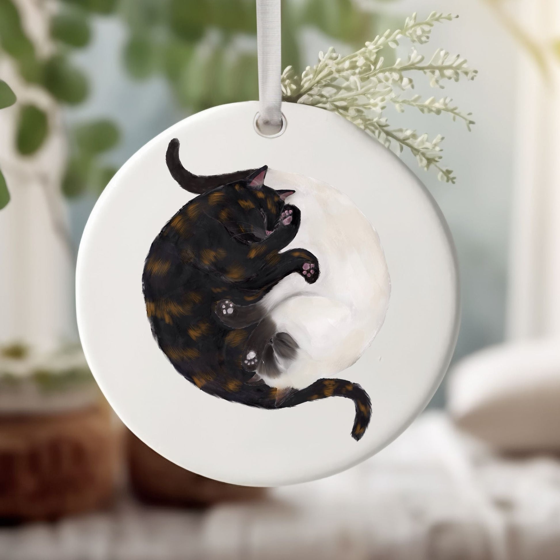Sleeping Tortoiseshell And Siamese Cats Ceramic Ornament - MerikaArt