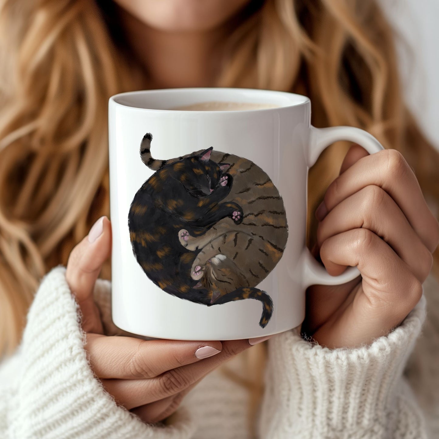 Sleeping Tortoiseshell and Tabby Cat Mug - MerikaArt