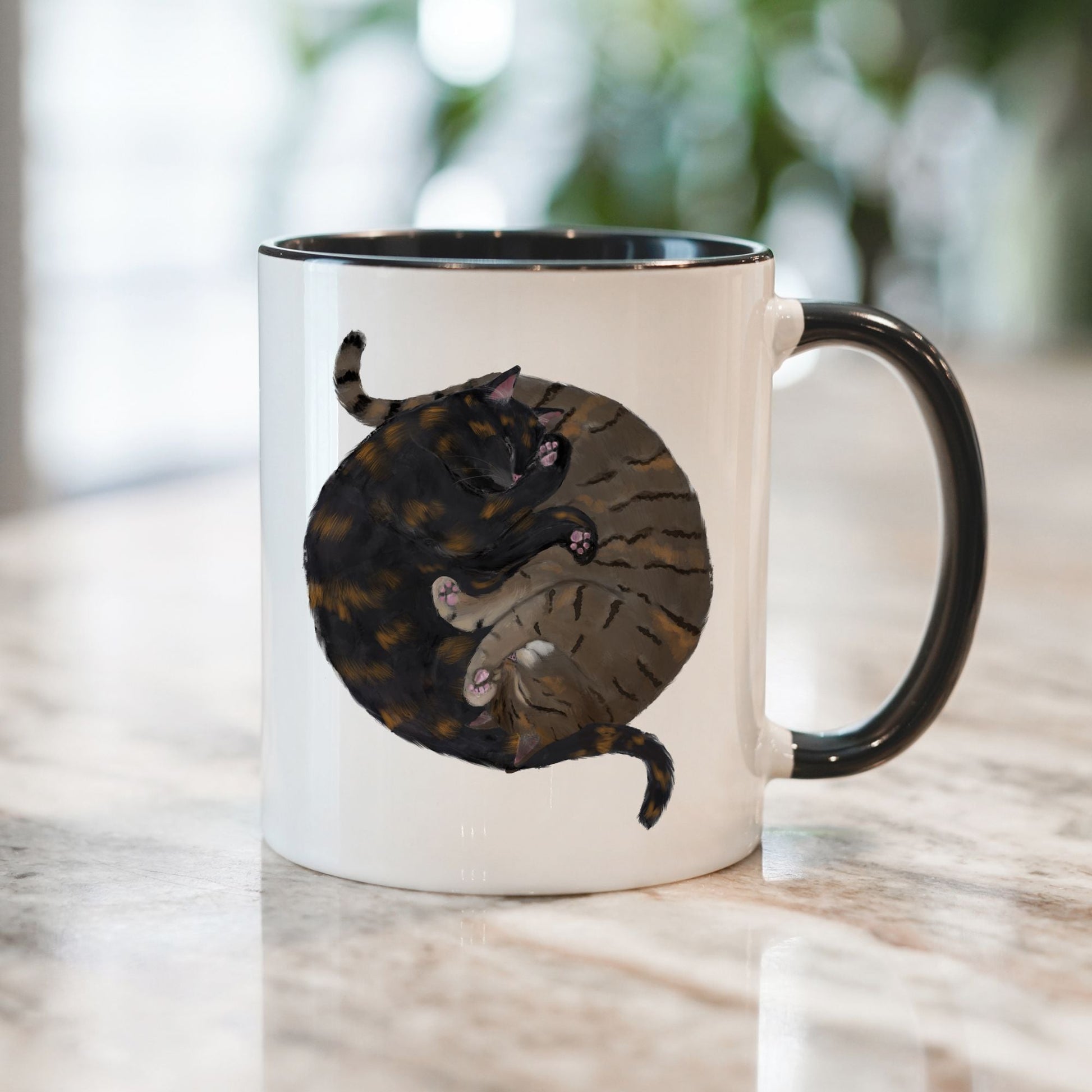 Sleeping Tortoiseshell and Tabby Cat Mug - MerikaArt