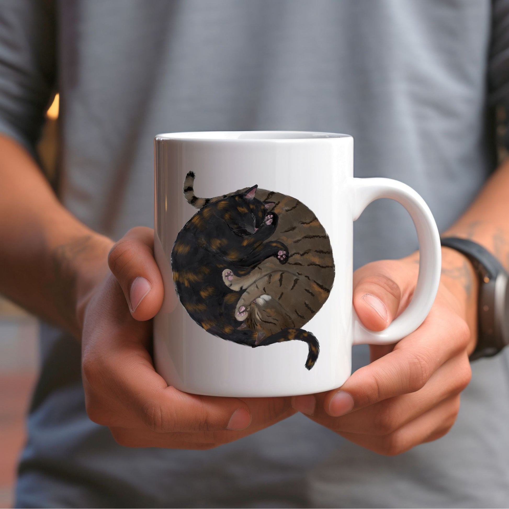 Sleeping Tortoiseshell and Tabby Cat Mug - MerikaArt