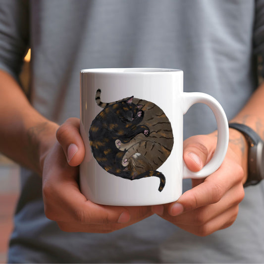 Sleeping Tortoiseshell and Tabby Cat Mug - MerikaArt