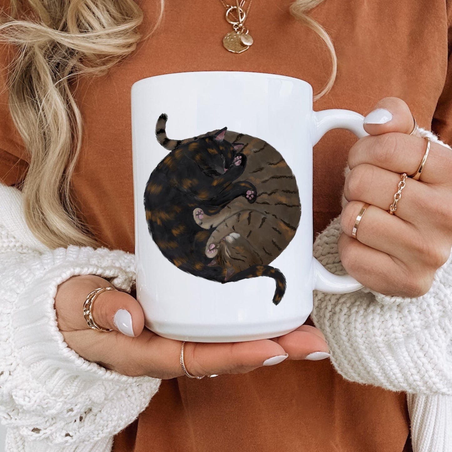 Sleeping Tortoiseshell and Tabby Cat Mug - MerikaArt