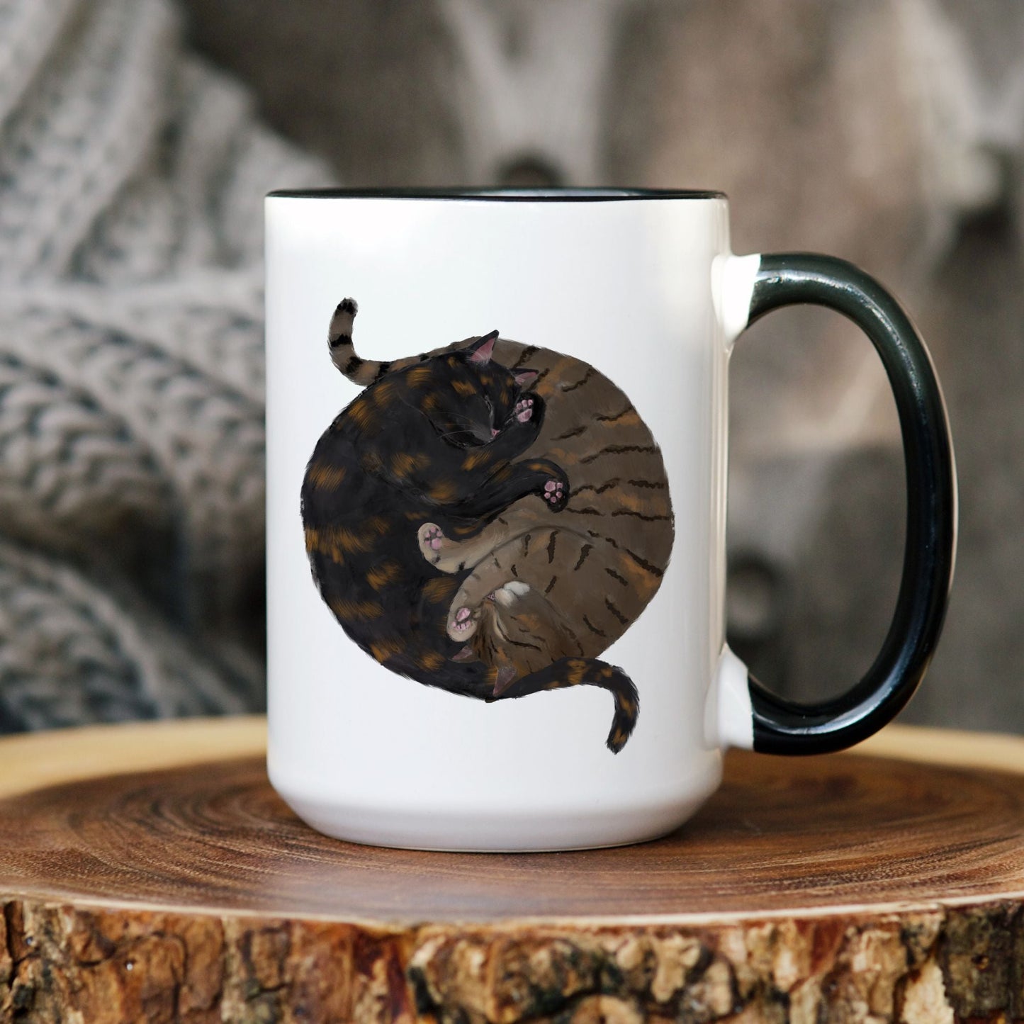 Sleeping Tortoiseshell and Tabby Cat Mug - MerikaArt