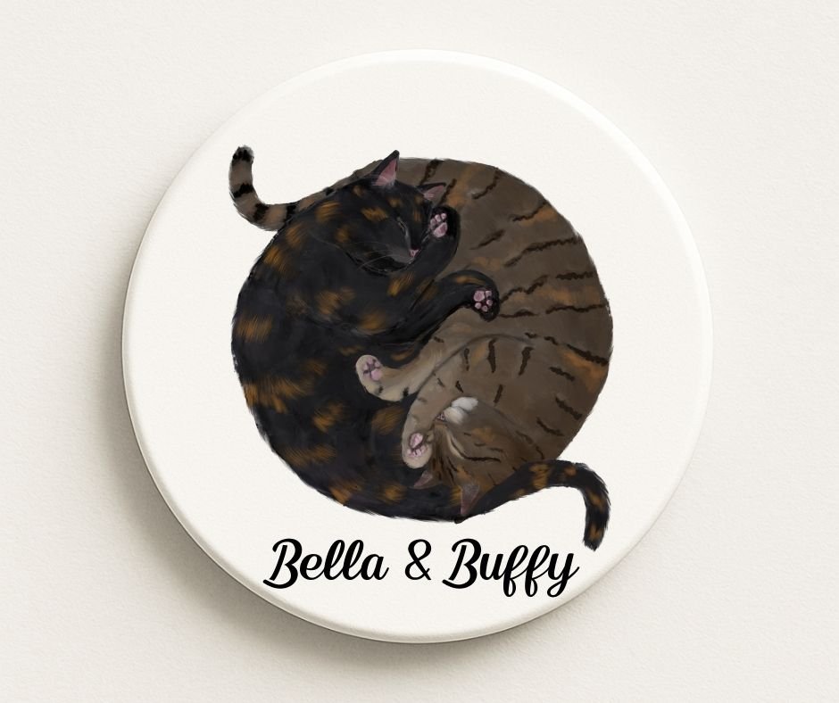 Sleeping Tortoiseshell and Tabby Cats Ceramic Coaster - MerikaArt