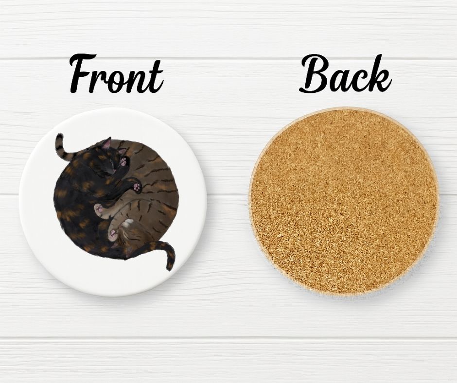 Sleeping Tortoiseshell and Tabby Cats Ceramic Coaster - MerikaArt