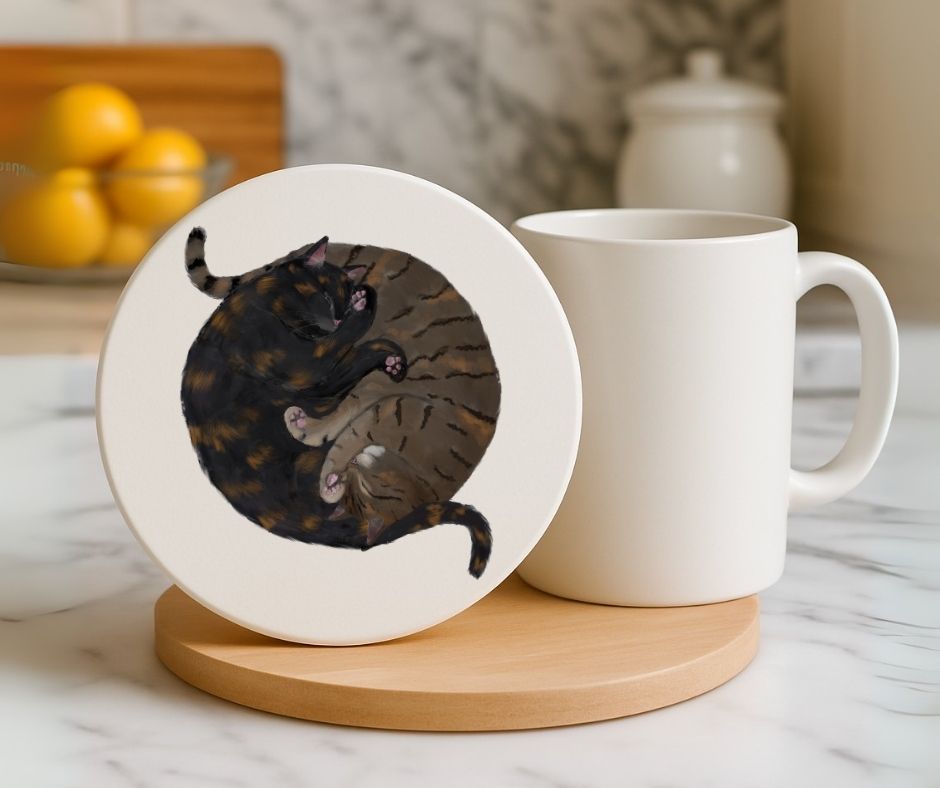 Sleeping Tortoiseshell and Tabby Cats Ceramic Coaster - MerikaArt