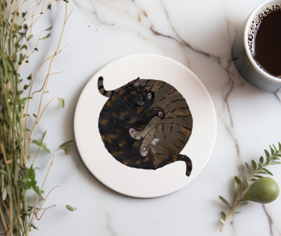 Sleeping Tortoiseshell and Tabby Cats Ceramic Coaster - MerikaArt