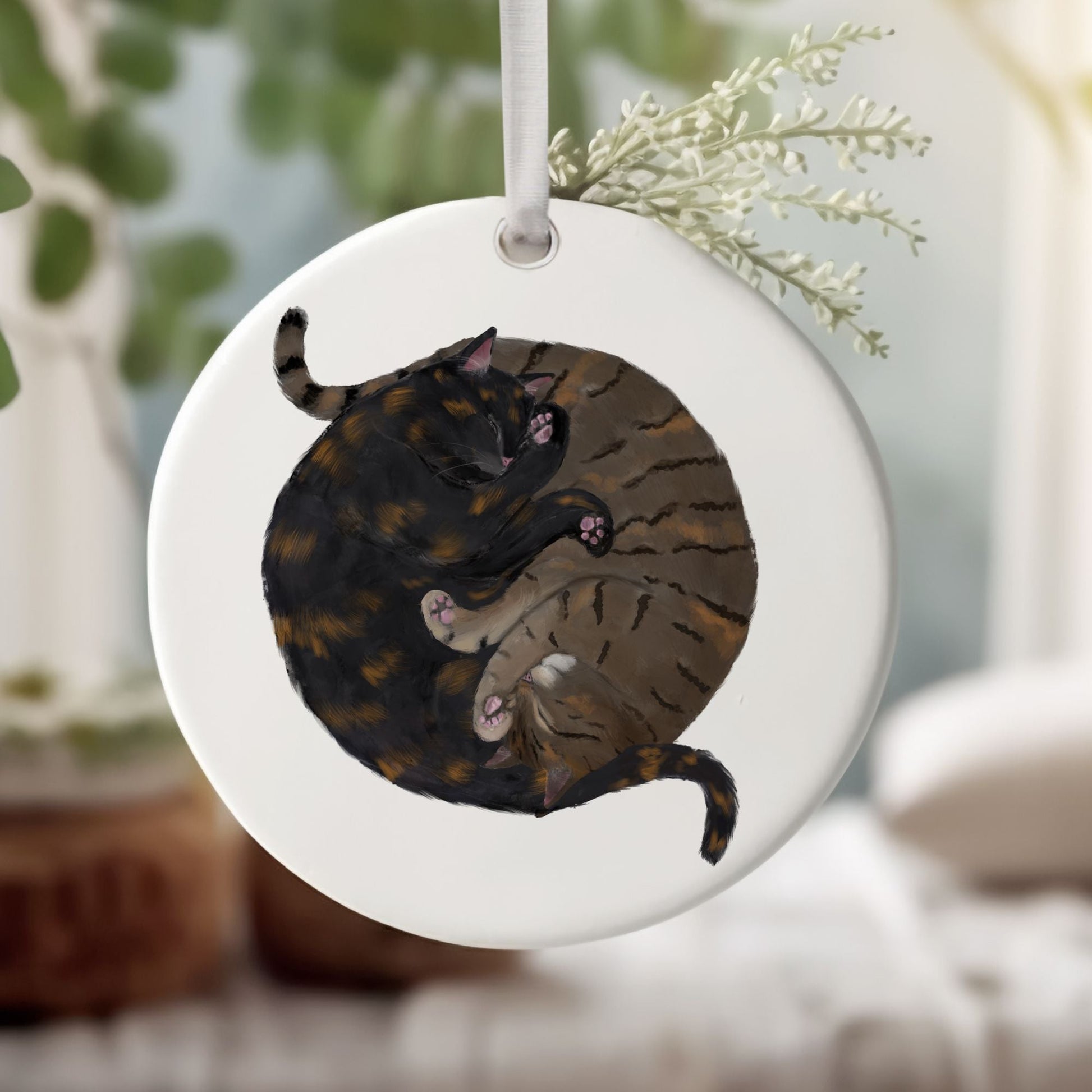 Sleeping Tortoiseshell And Tabby Cats Ceramic Ornament - MerikaArt