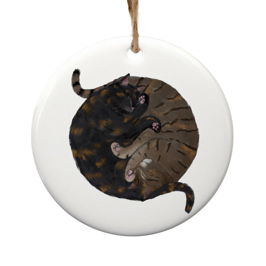 Sleeping Tortoiseshell And Tabby Cats Ceramic Ornament - MerikaArt