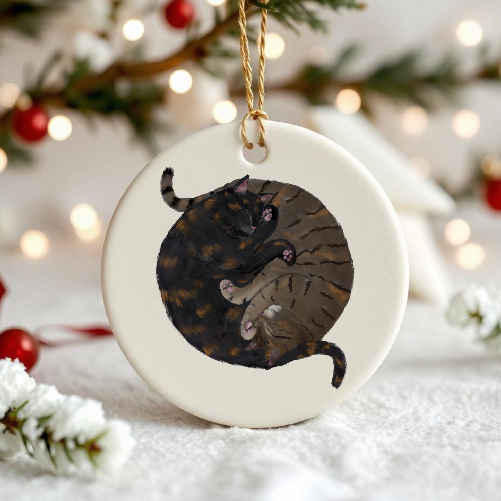 Sleeping Tortoiseshell And Tabby Cats Ceramic Ornament - MerikaArt