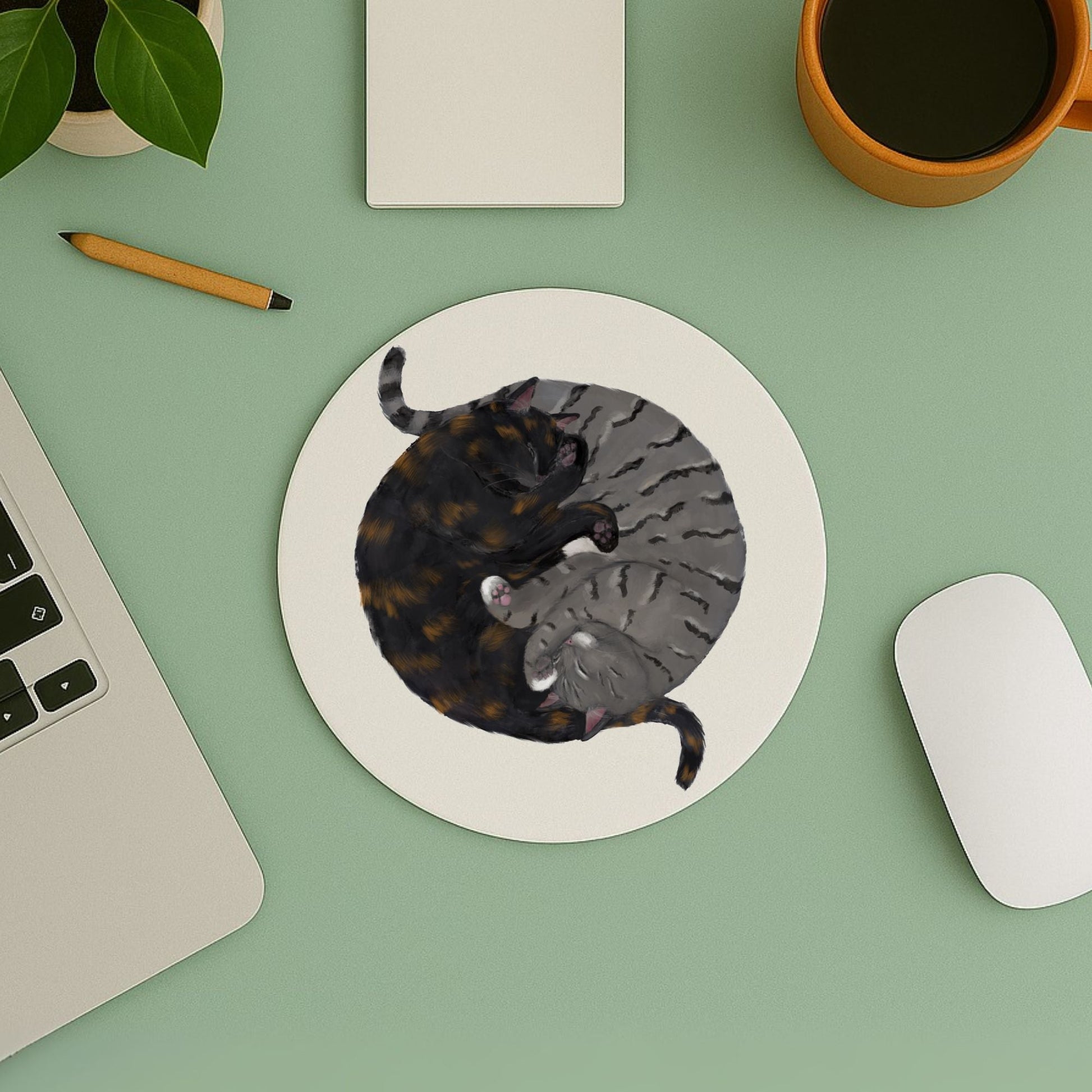 Sleeping Tortoiseshell and Tabby Cats Mousepad - MerikaArt