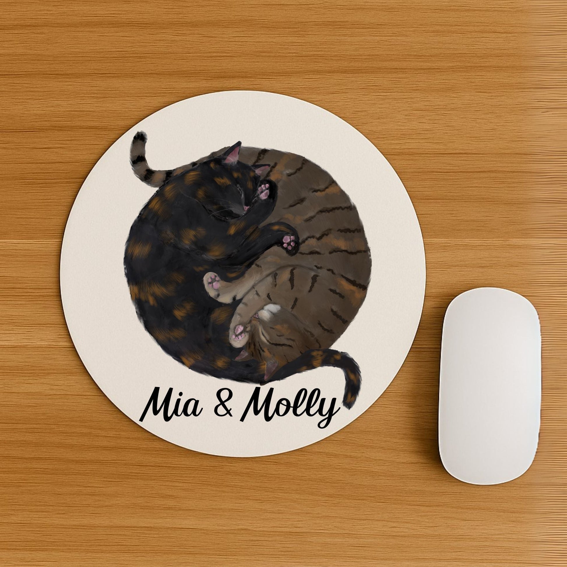 Sleeping Tortoiseshell and Tabby Cats Mousepad - MerikaArt