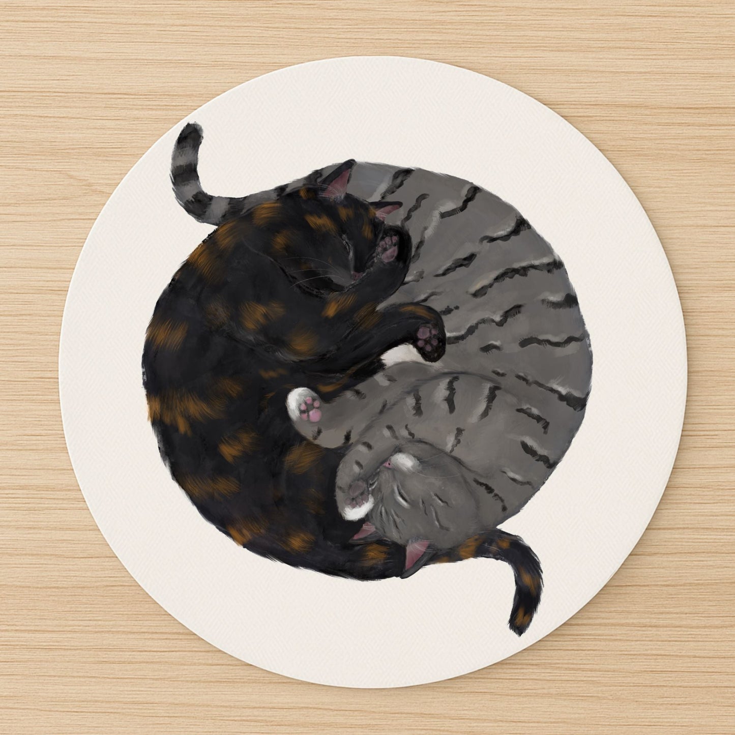 Sleeping Tortoiseshell and Tabby Cats Mousepad - MerikaArt