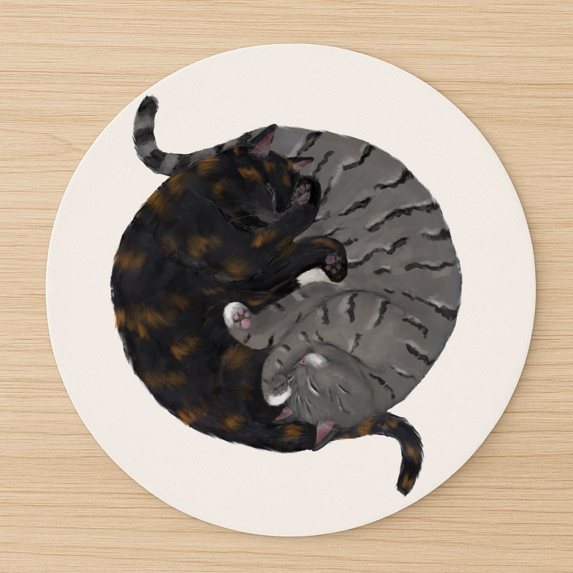 Sleeping Tortoiseshell and Tabby Cats Mousepad - MerikaArt