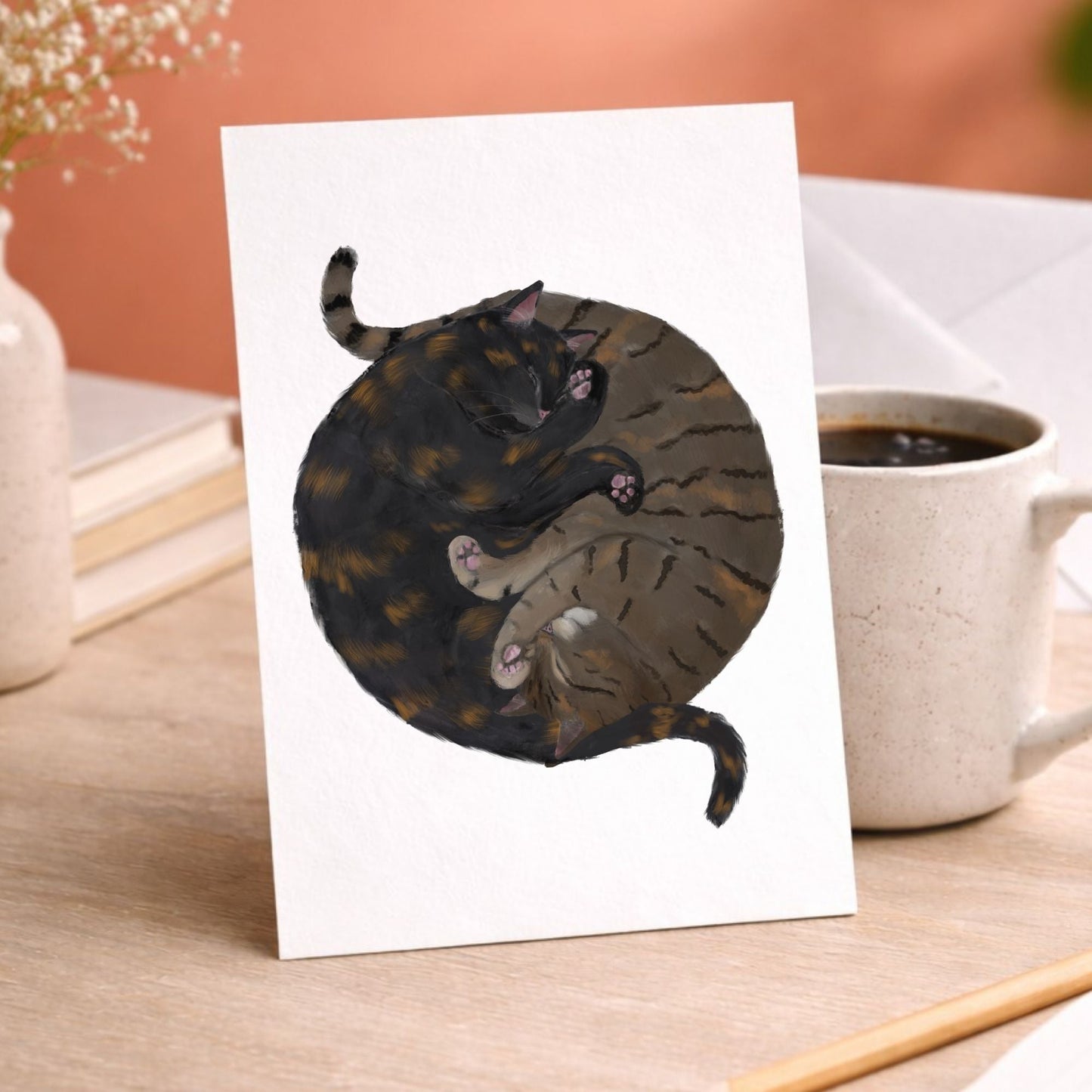 Sleeping Tortoiseshell And Tabby Cats Postcard - MerikaArt