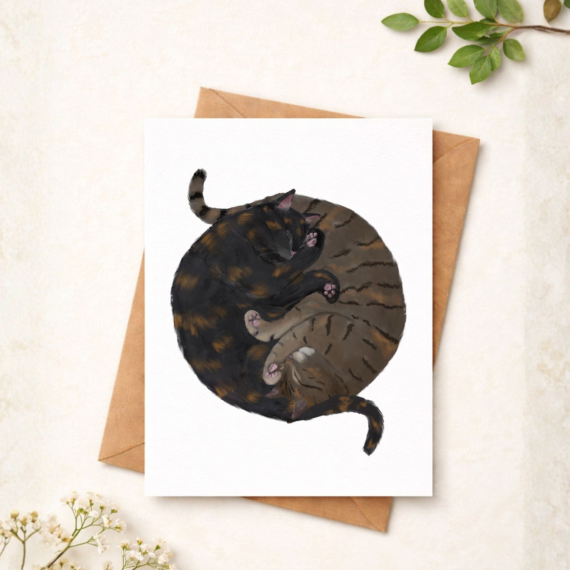 Sleeping Tortoiseshell And Tabby Cats Postcard - MerikaArt