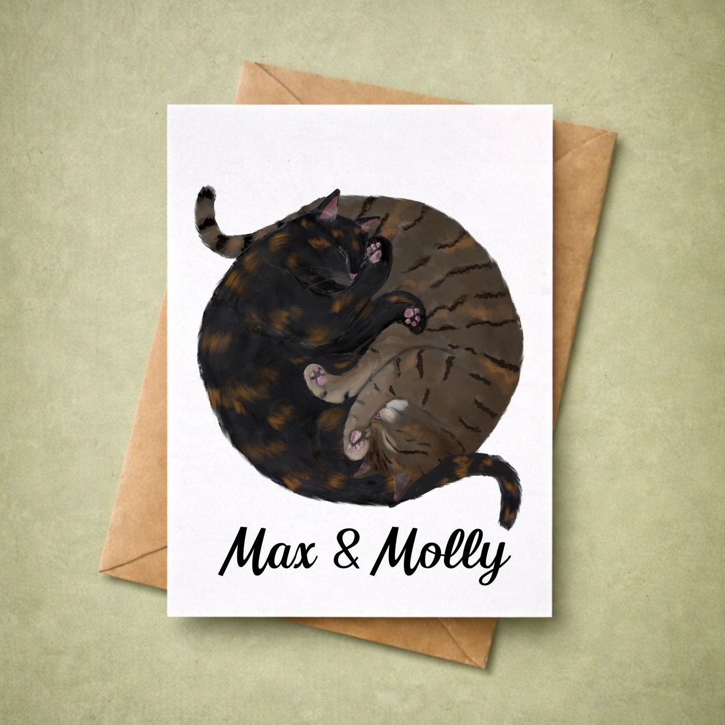 Sleeping Tortoiseshell And Tabby Cats Postcard - MerikaArt