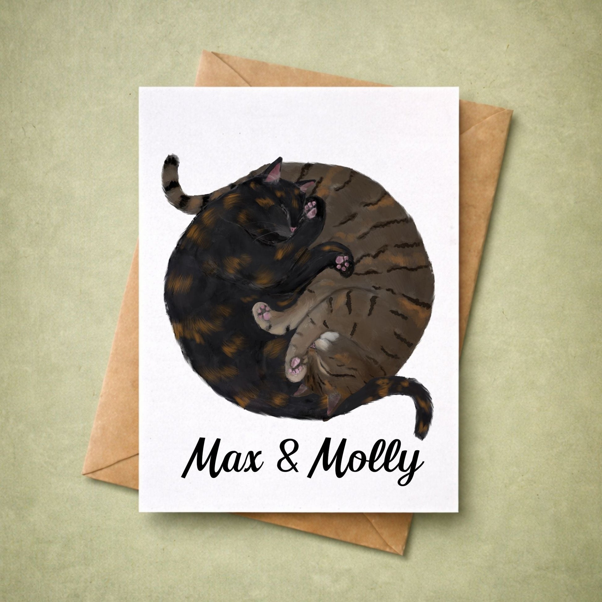 Sleeping Tortoiseshell And Tabby Cats Postcard - MerikaArt