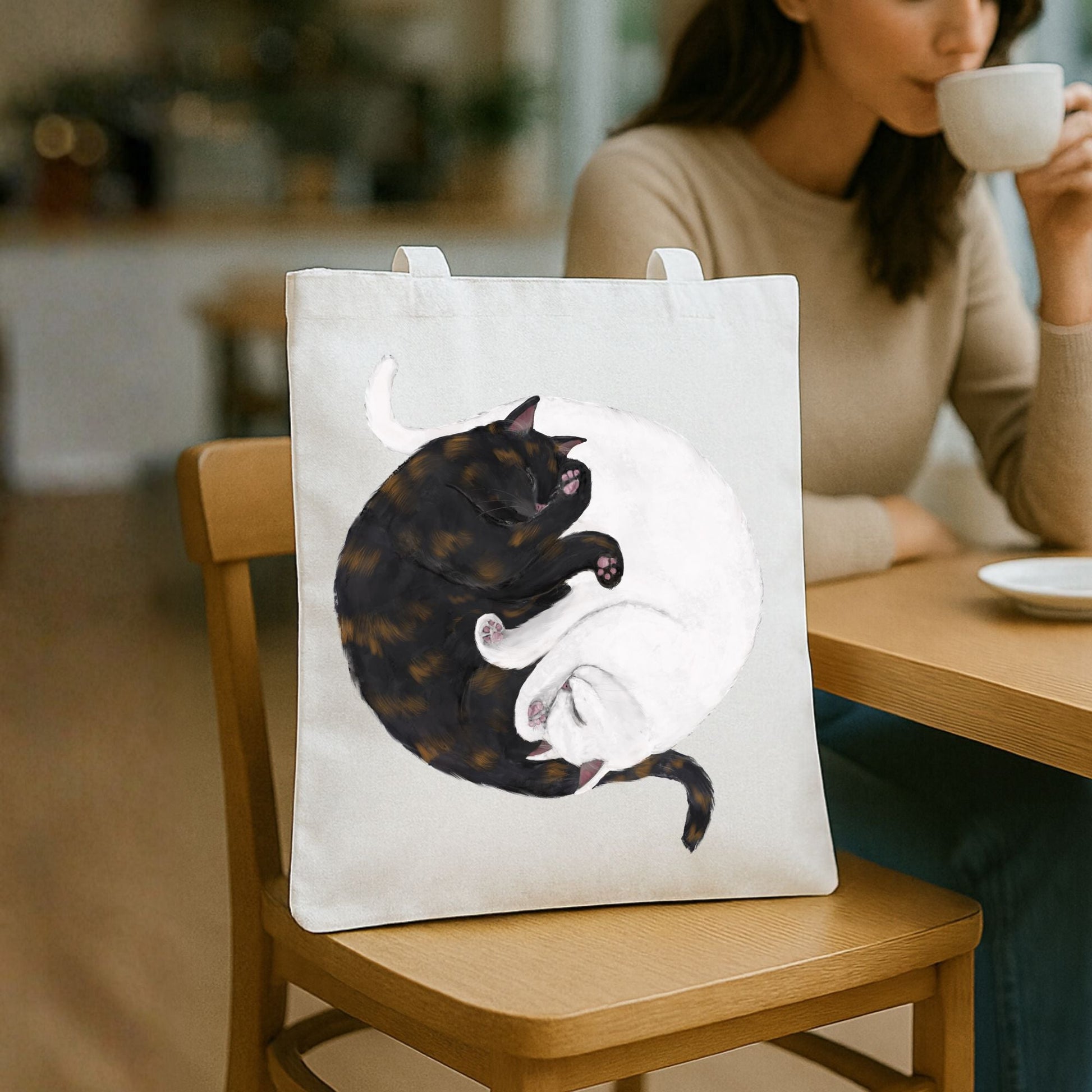 Sleeping Tortoiseshell and White Cats Canvas Tote Bag - MerikaArt