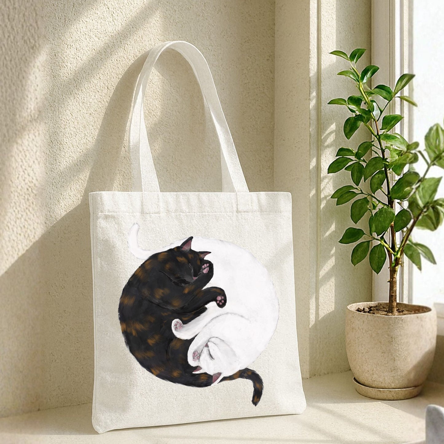 Sleeping Tortoiseshell and White Cats Canvas Tote Bag - MerikaArt
