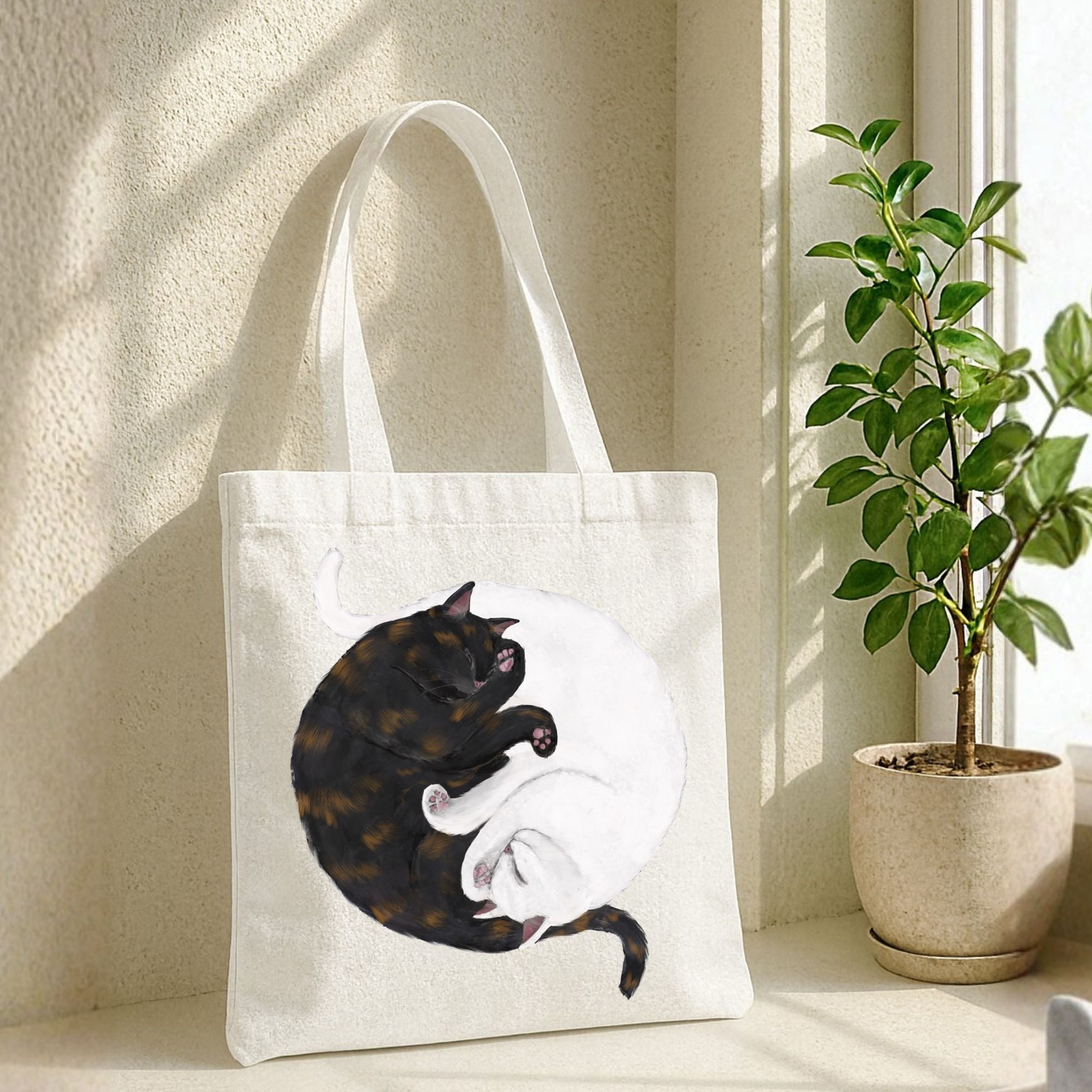 Sleeping Tortoiseshell and White Cats Canvas Tote Bag - MerikaArt