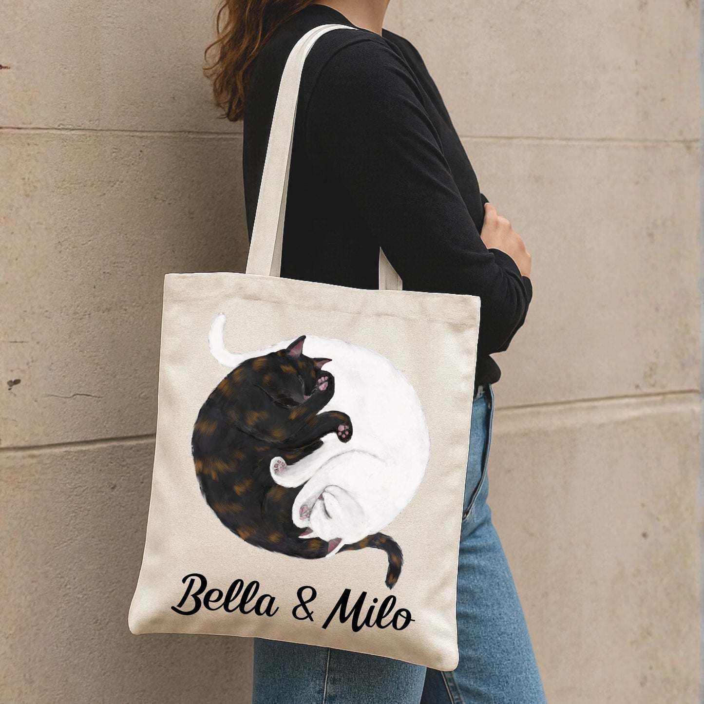 Sleeping Tortoiseshell and White Cats Canvas Tote Bag - MerikaArt