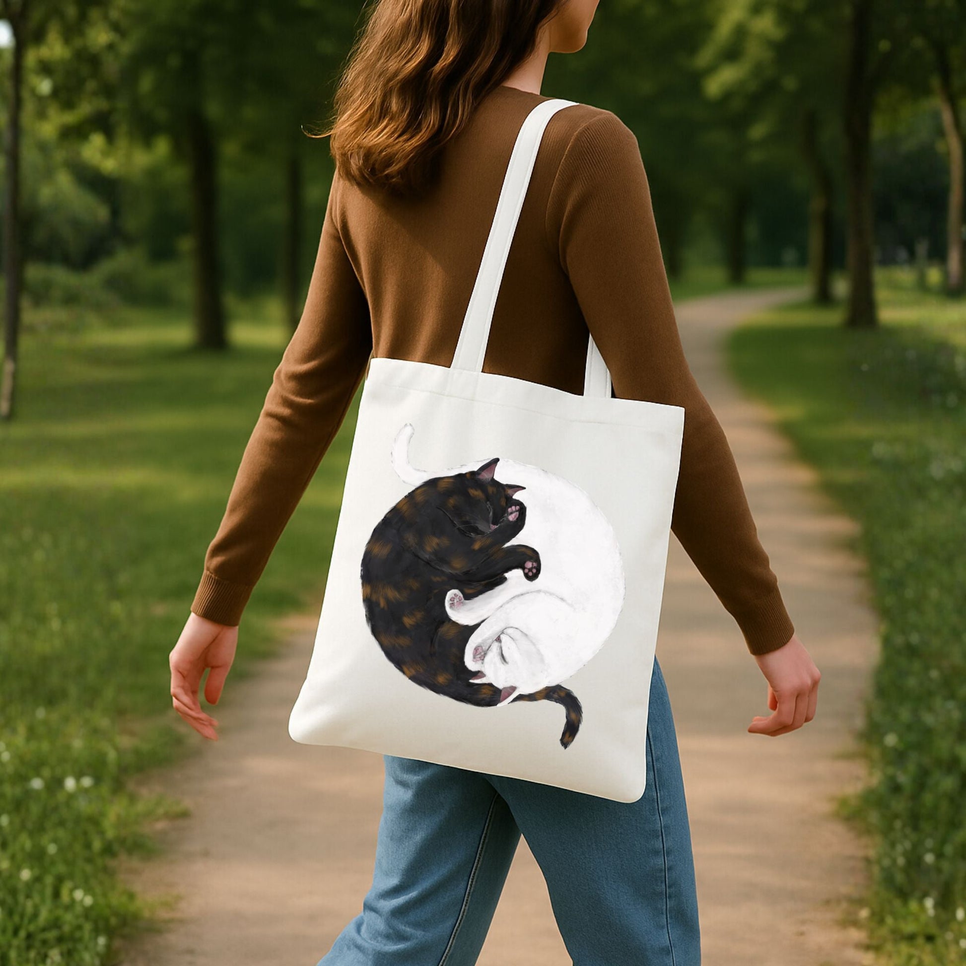 Sleeping Tortoiseshell and White Cats Canvas Tote Bag - MerikaArt