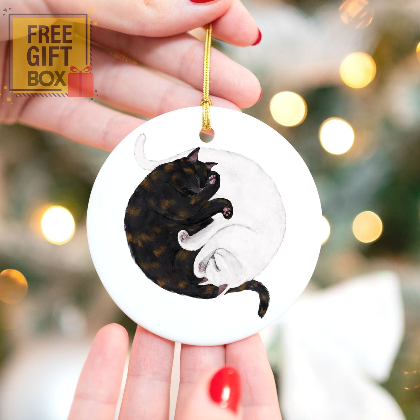 Sleeping Tortoiseshell And White Cats Ceramic Ornament - MerikaArt