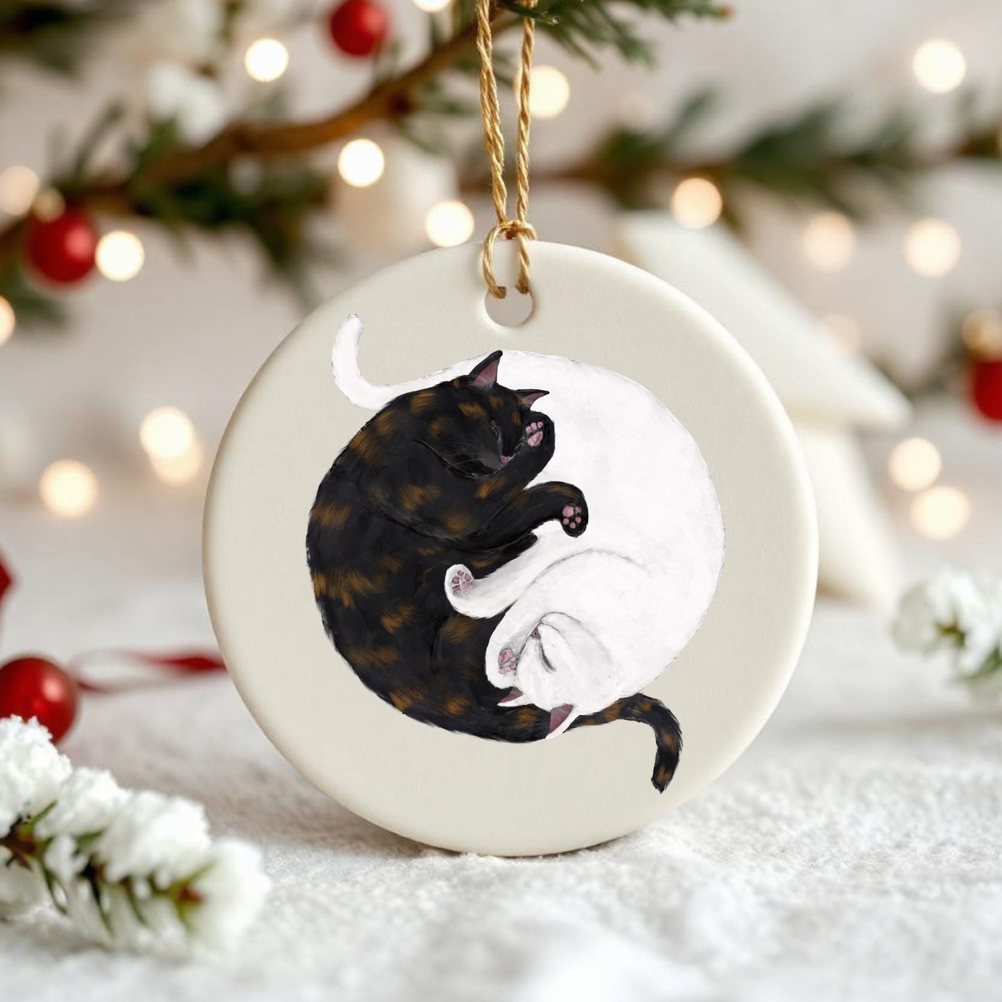 Sleeping Tortoiseshell And White Cats Ceramic Ornament - MerikaArt