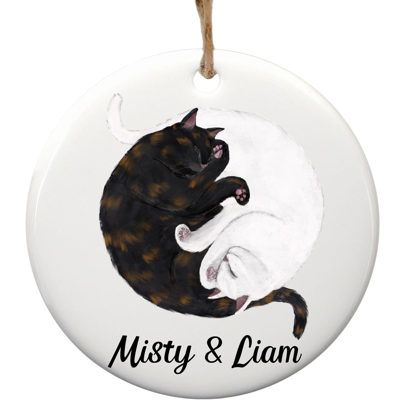Sleeping Tortoiseshell And White Cats Ceramic Ornament - MerikaArt