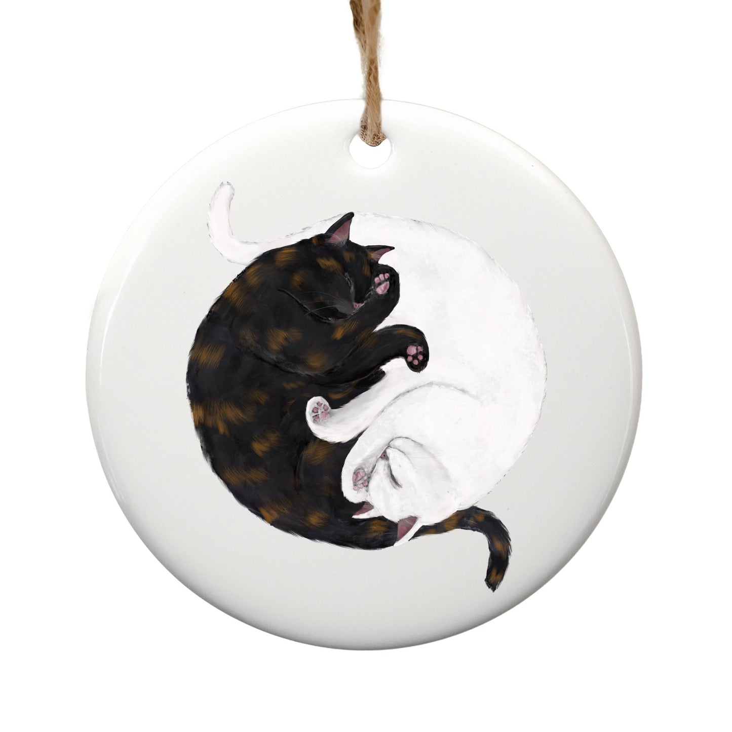Sleeping Tortoiseshell And White Cats Ceramic Ornament - MerikaArt