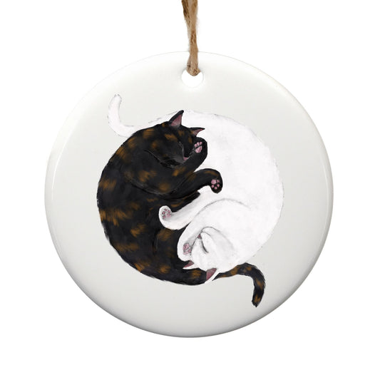 Sleeping Tortoiseshell And White Cats Ceramic Ornament - MerikaArt
