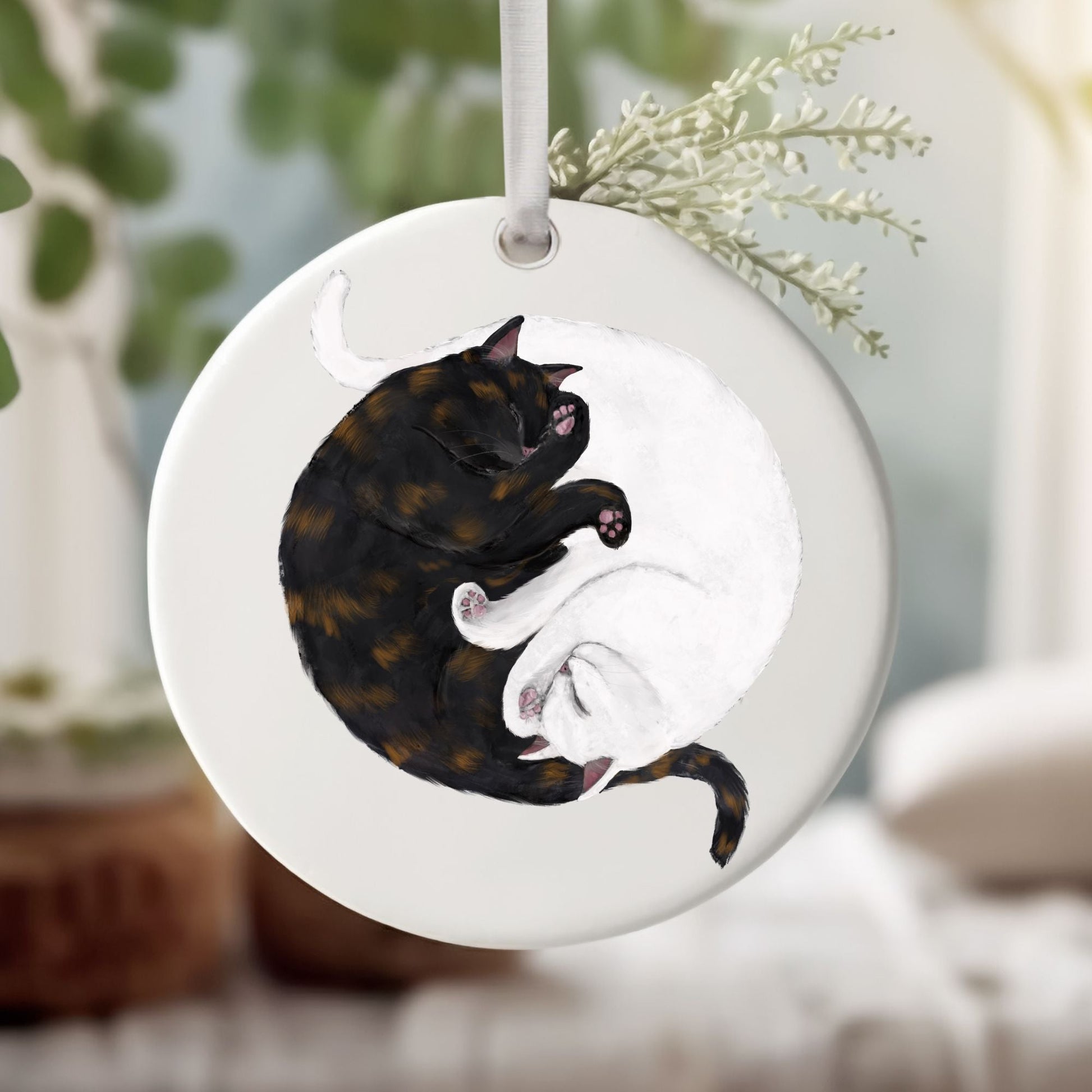 Sleeping Tortoiseshell And White Cats Ceramic Ornament - MerikaArt