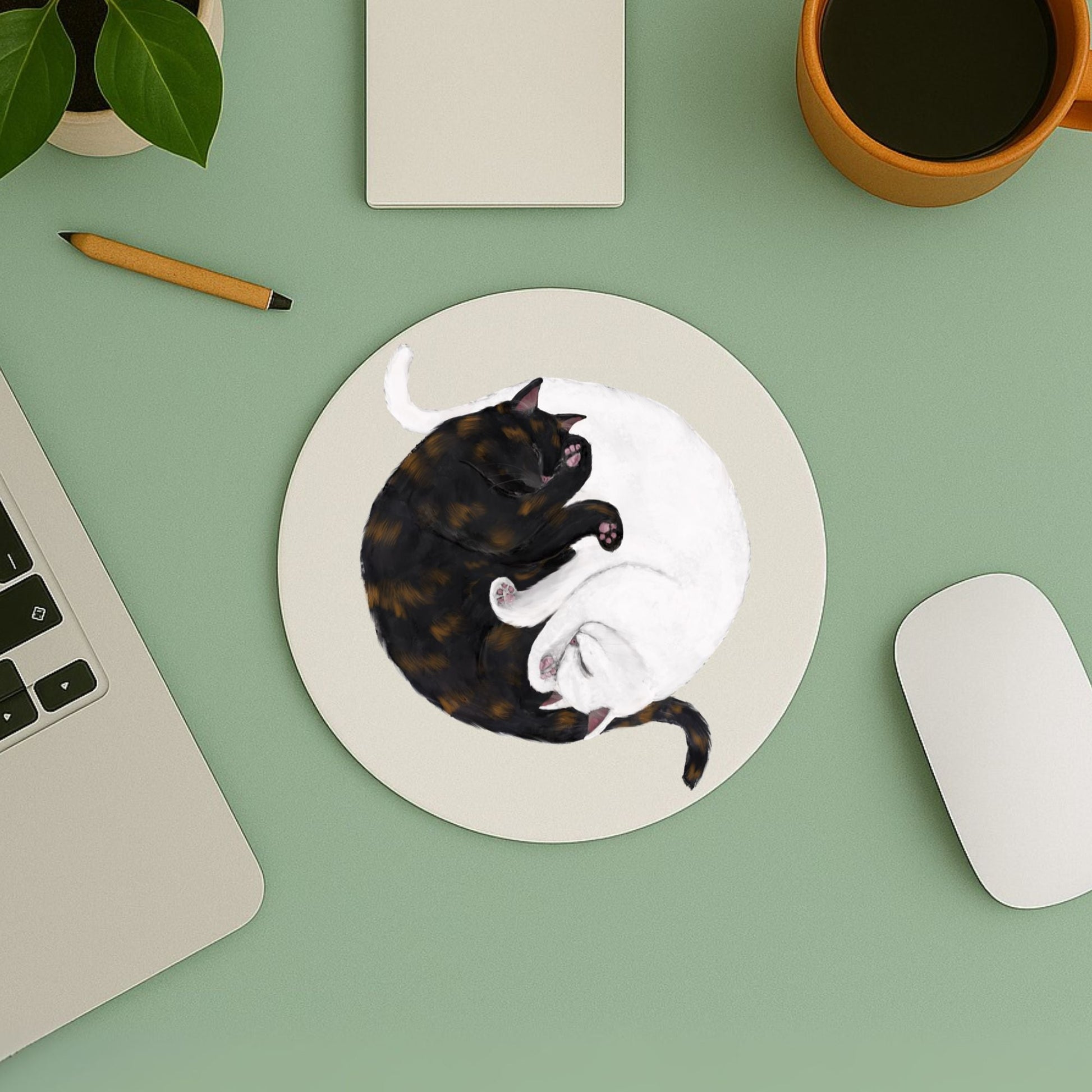 Sleeping Tortoiseshell and White Cats Mousepad - MerikaArt