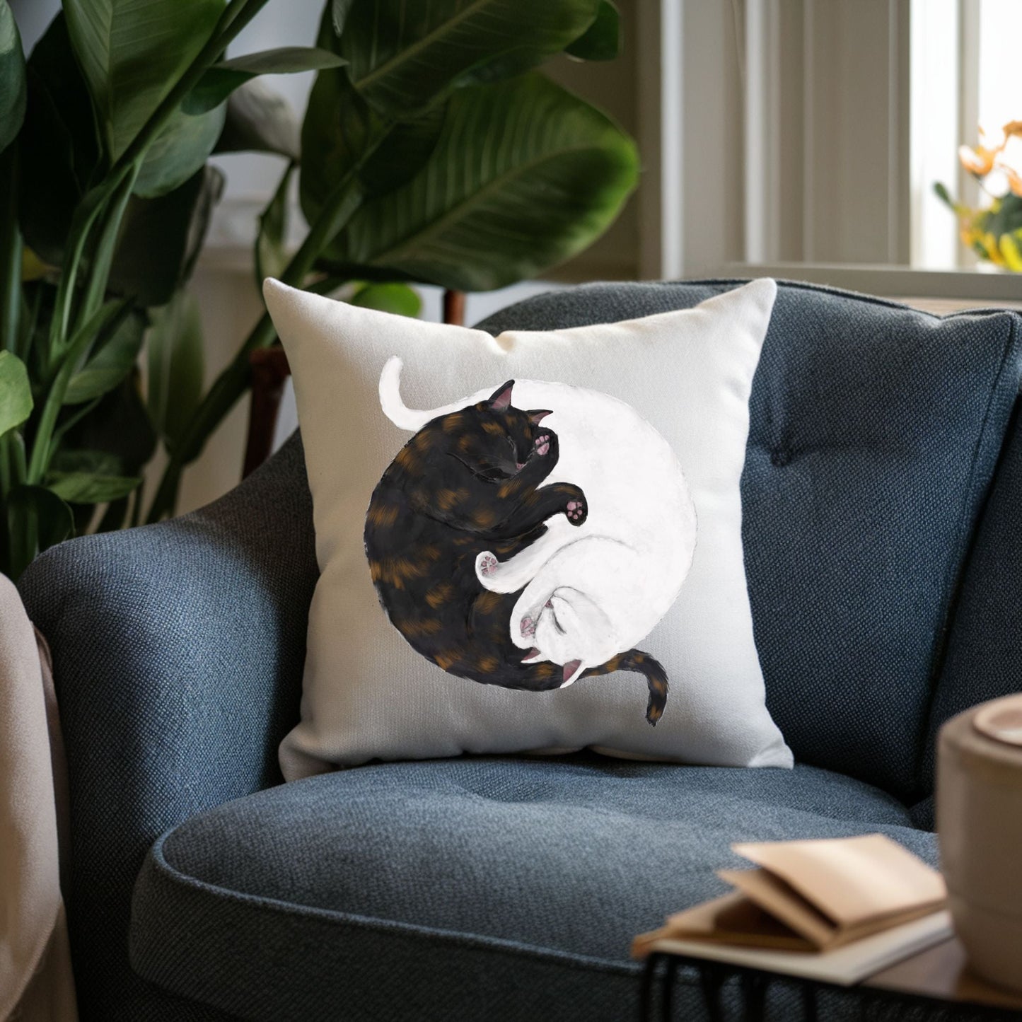 Sleeping Tortoiseshell and White Cats Pillow - MerikaArt