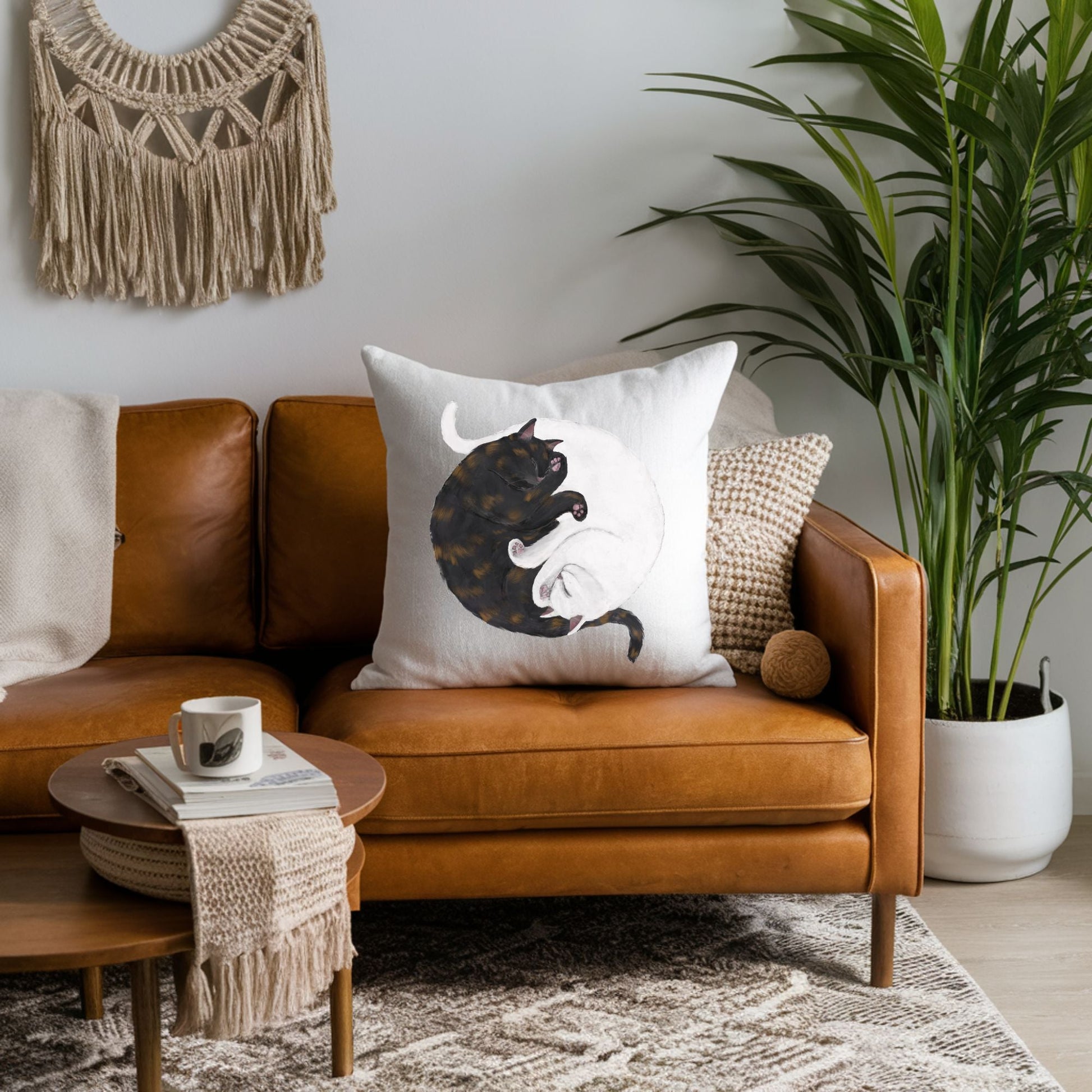 Sleeping Tortoiseshell and White Cats Pillow - MerikaArt