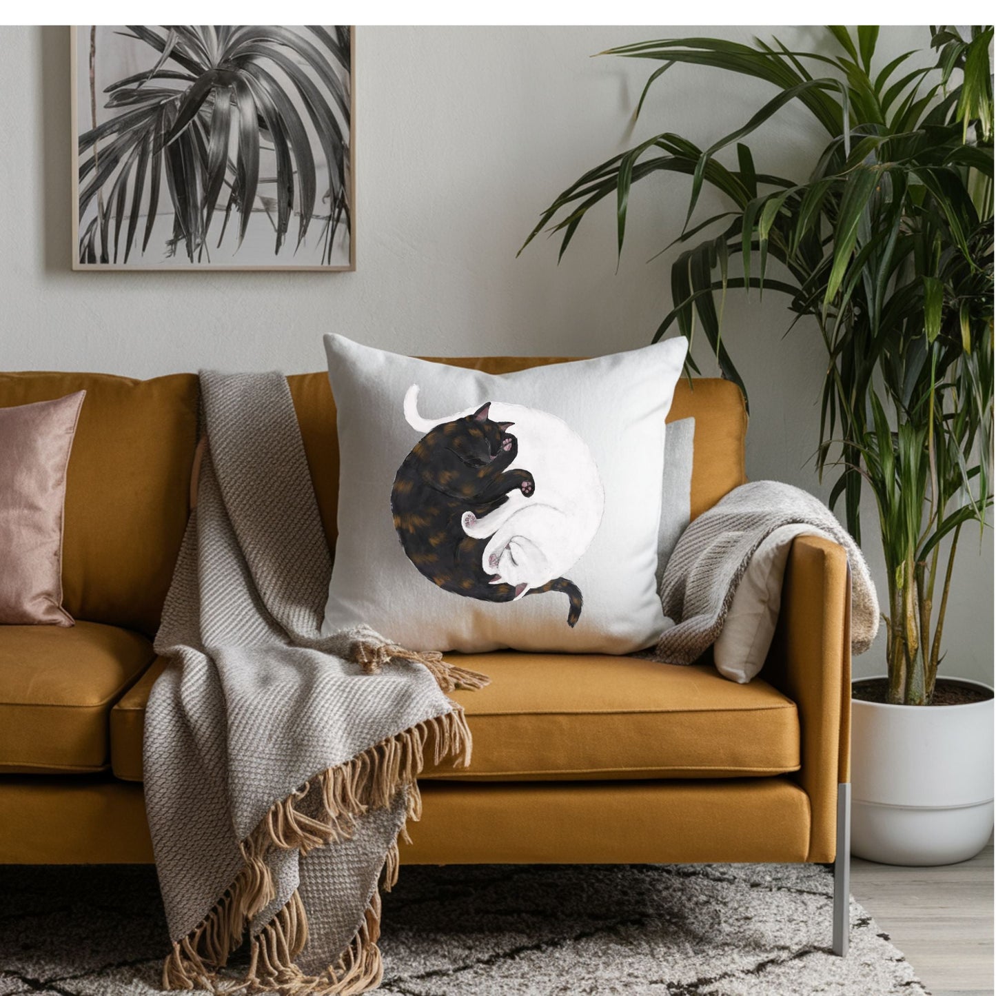 Sleeping Tortoiseshell and White Cats Pillow - MerikaArt