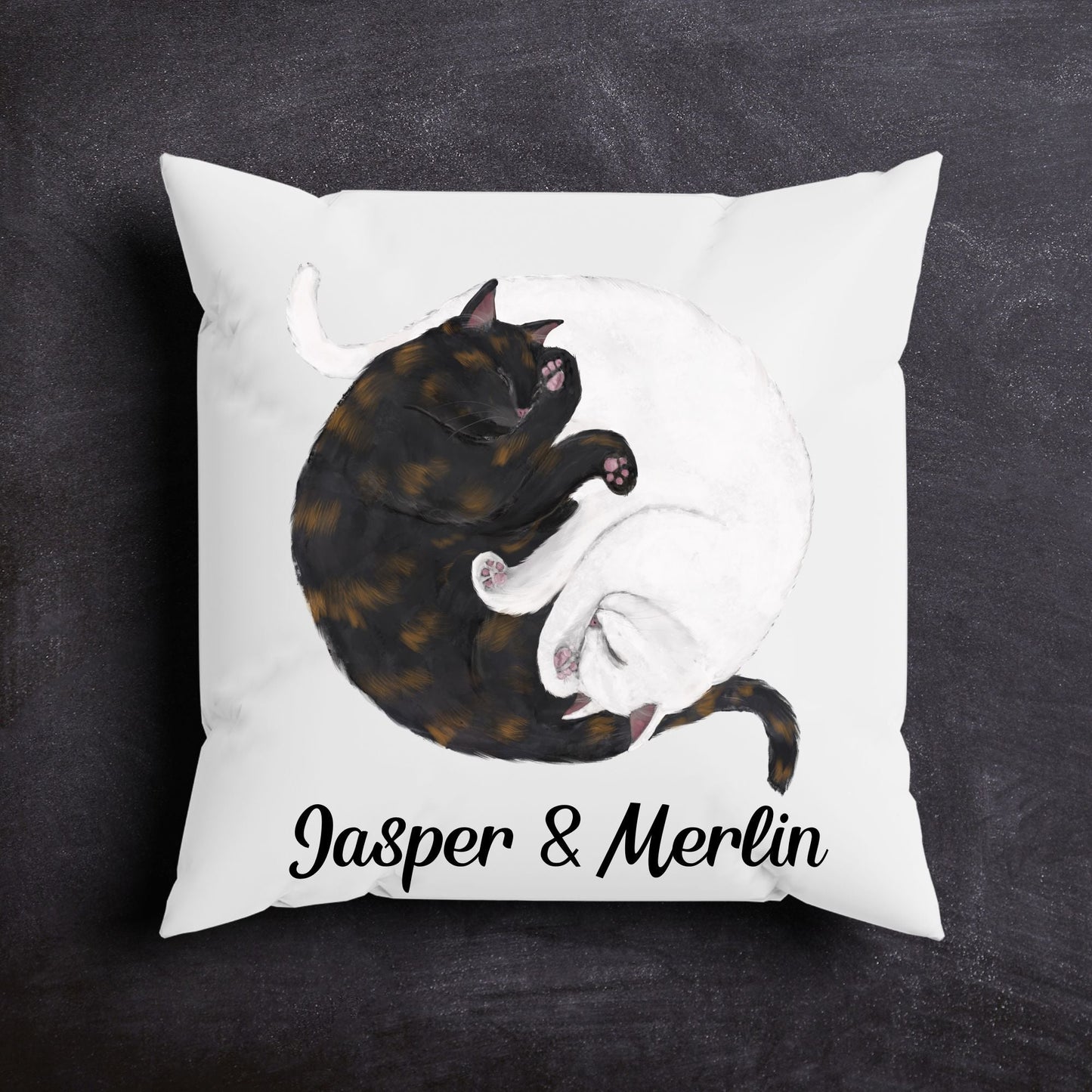 Sleeping Tortoiseshell and White Cats Pillow - MerikaArt