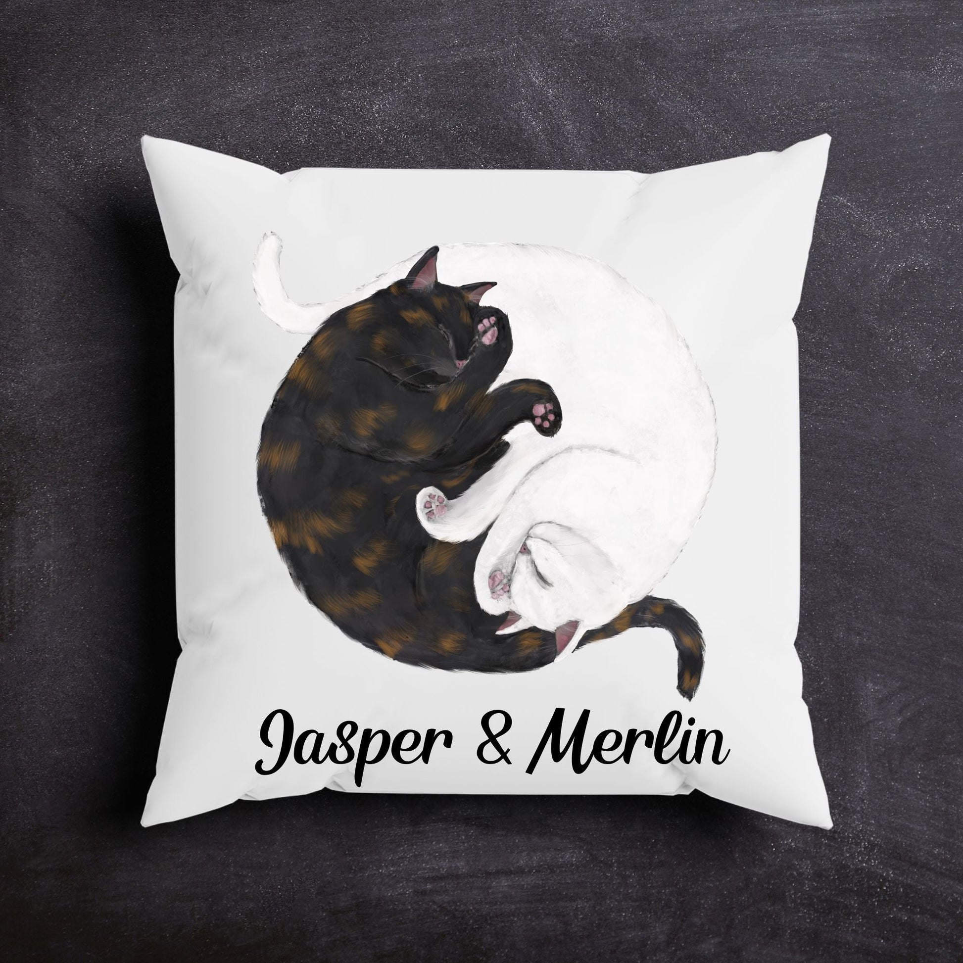 Sleeping Tortoiseshell and White Cats Pillow - MerikaArt