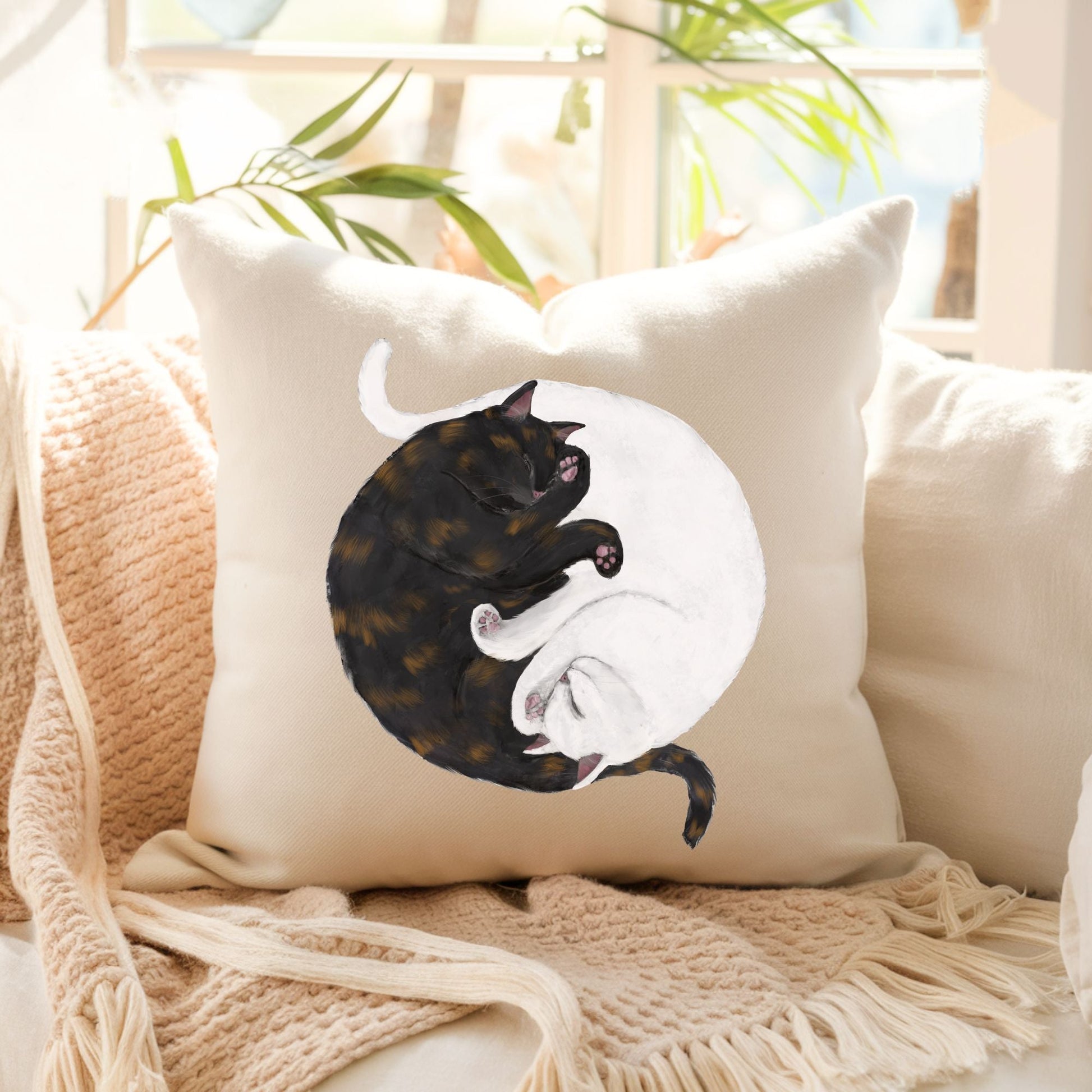 Sleeping Tortoiseshell and White Cats Pillow - MerikaArt
