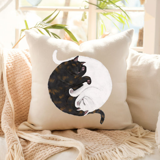 Sleeping Tortoiseshell and White Cats Pillow - MerikaArt