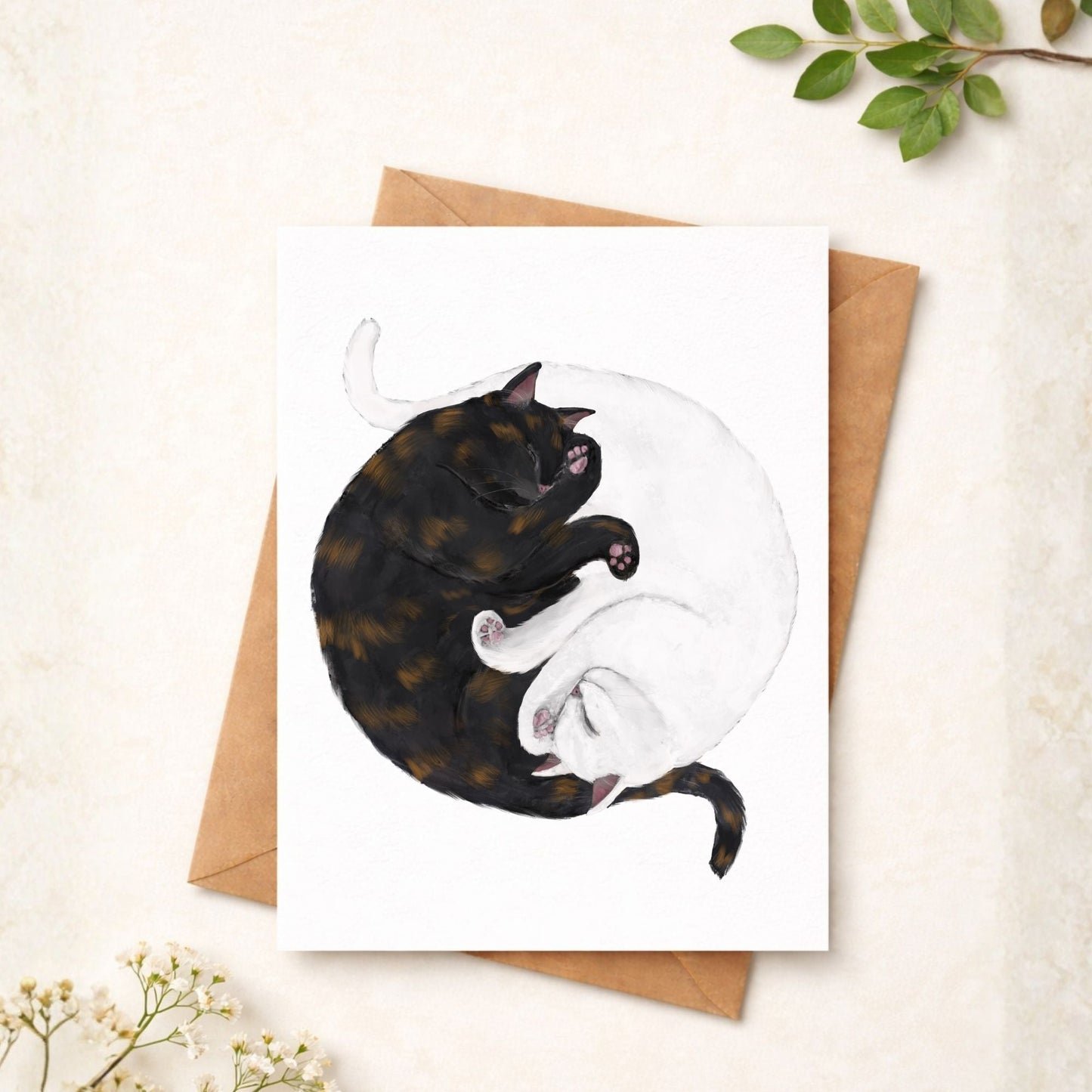 Sleeping Tortoiseshell And White Cats Postcard - MerikaArt