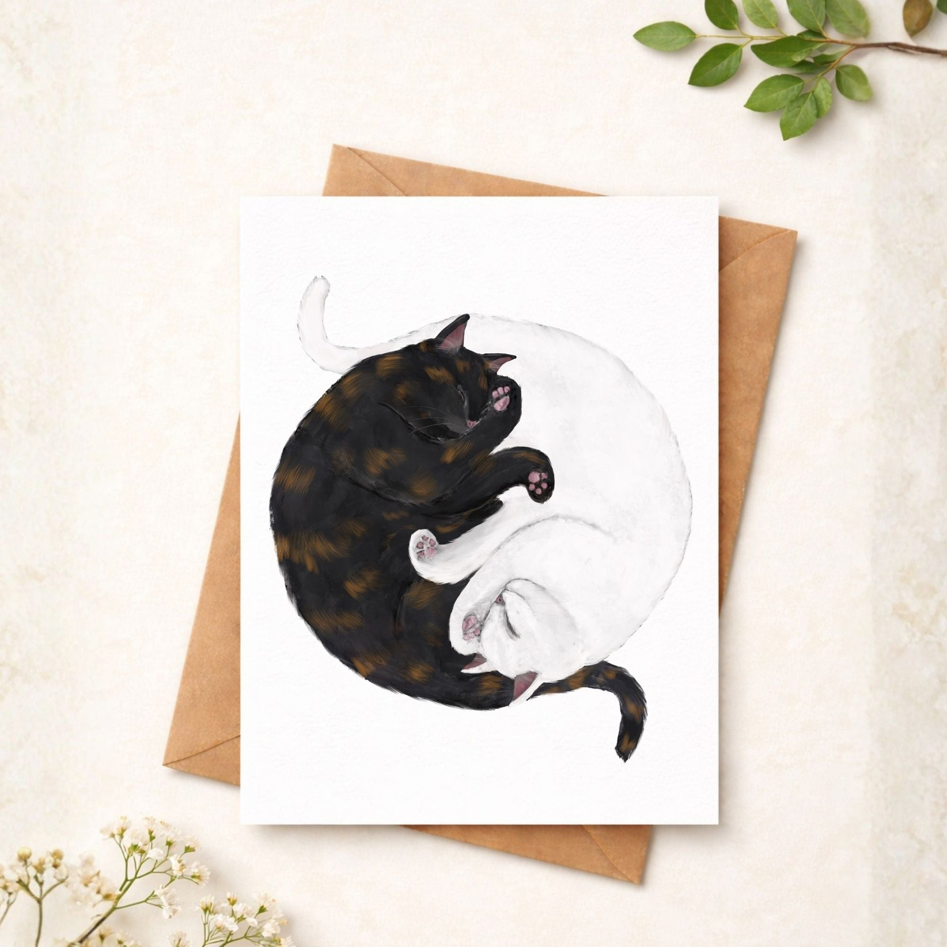 Sleeping Tortoiseshell And White Cats Postcard - MerikaArt