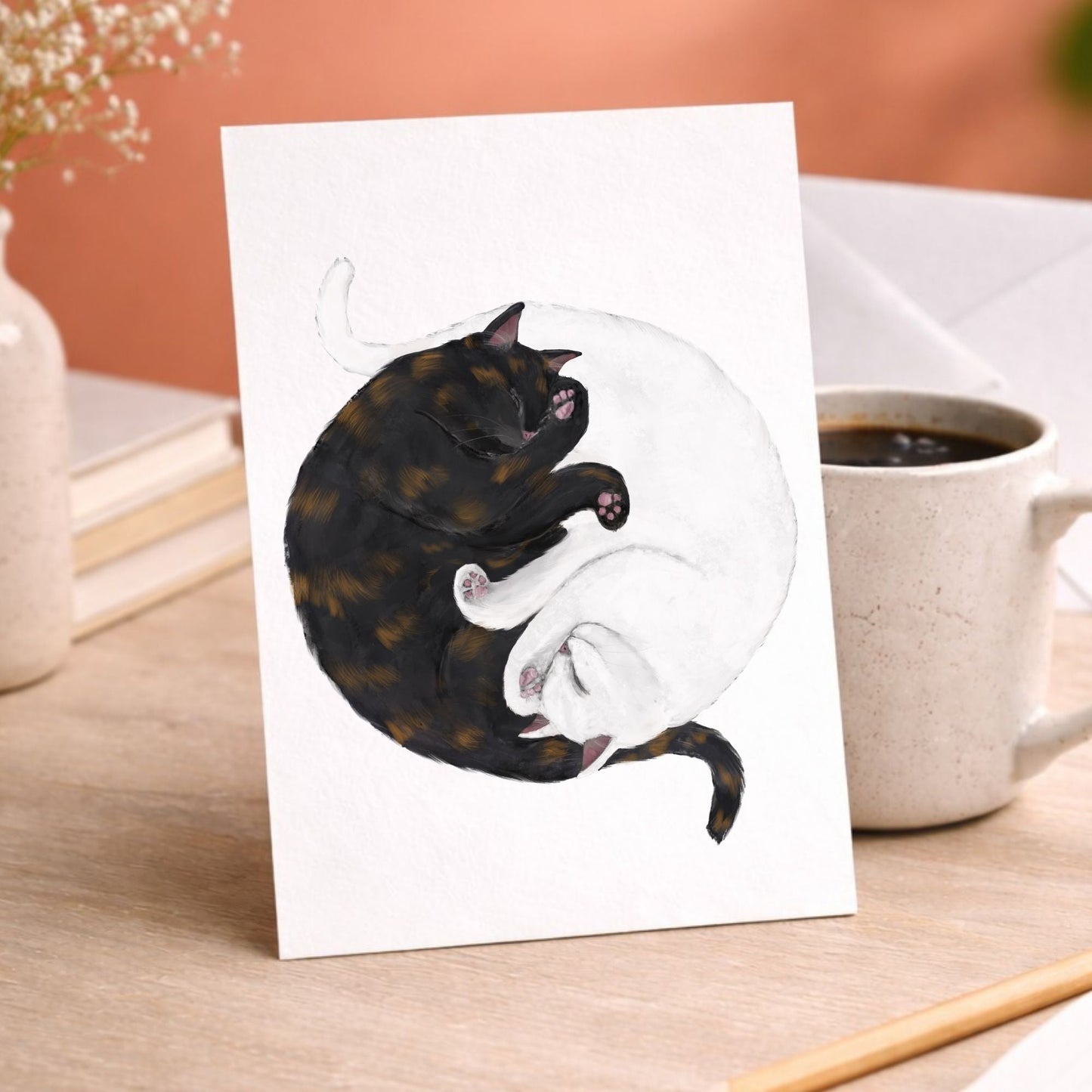 Sleeping Tortoiseshell And White Cats Postcard - MerikaArt
