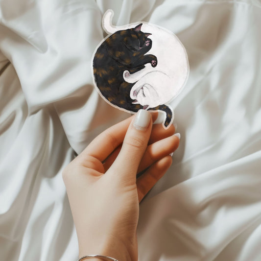 Sleeping Tortoiseshell And White Cats Vinyl Sticker - MerikaArt