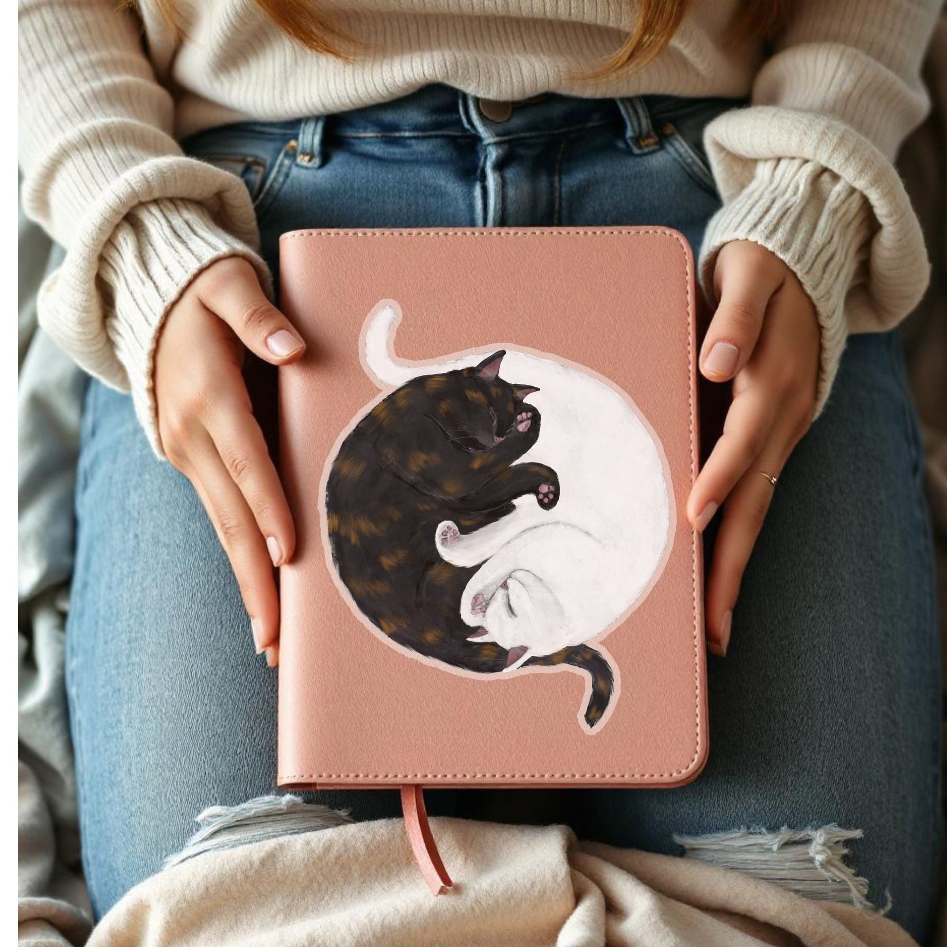 Sleeping Tortoiseshell And White Cats Vinyl Sticker - MerikaArt