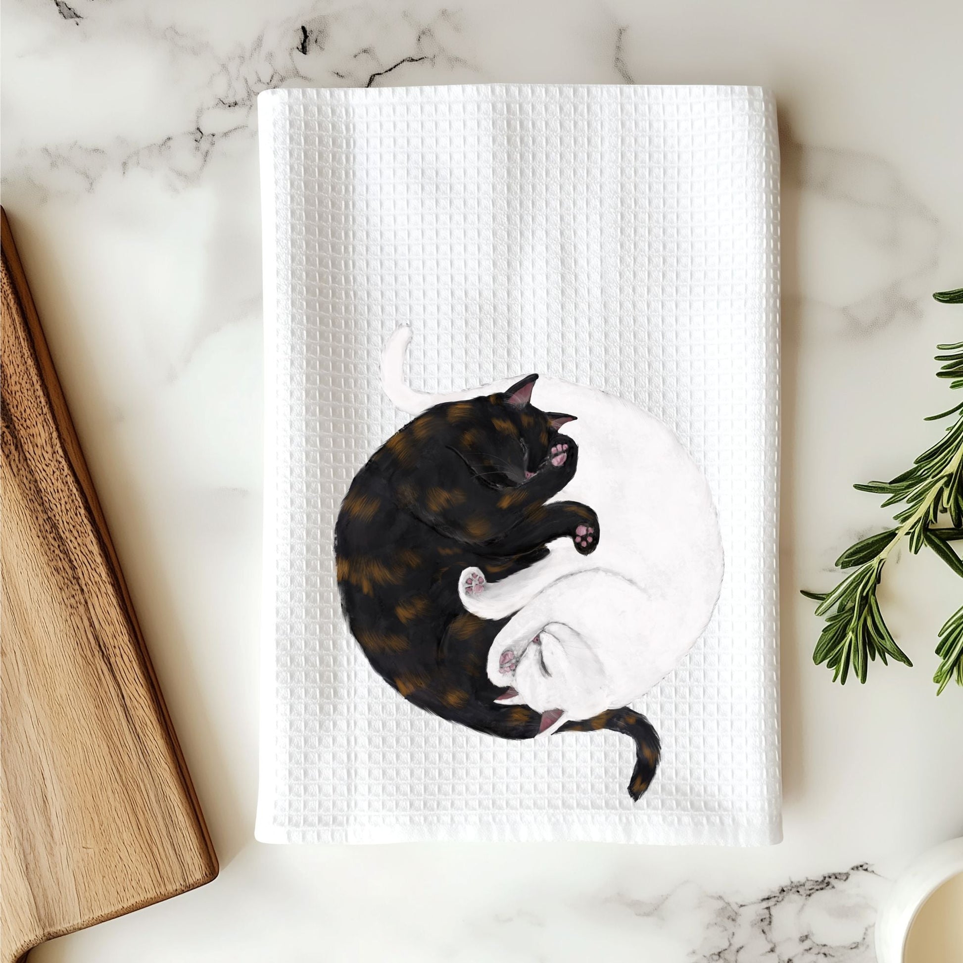 Sleeping Tortoiseshell and White Cats Waffle Weave Kitchen Towel - MerikaArt