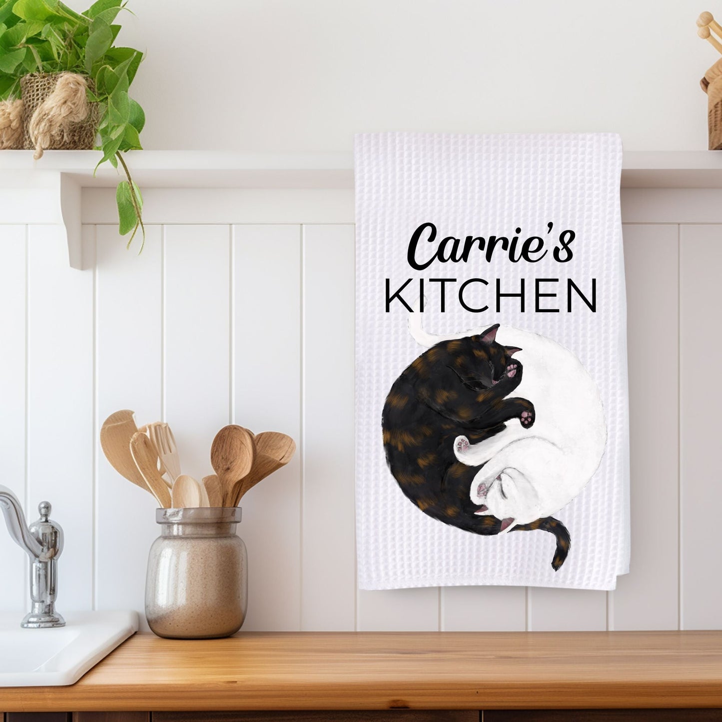 Sleeping Tortoiseshell and White Cats Waffle Weave Kitchen Towel - MerikaArt