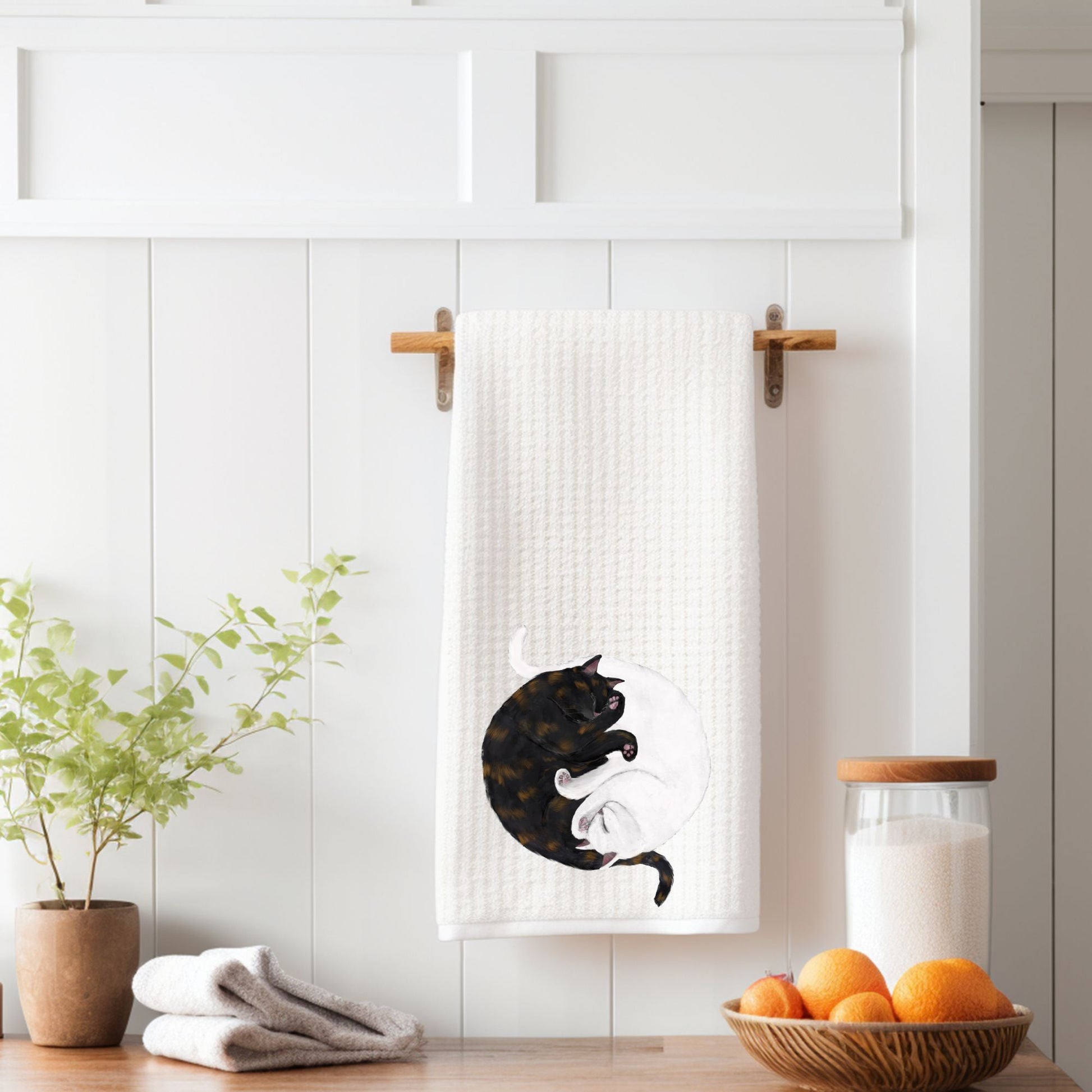 Sleeping Tortoiseshell and White Cats Waffle Weave Kitchen Towel - MerikaArt