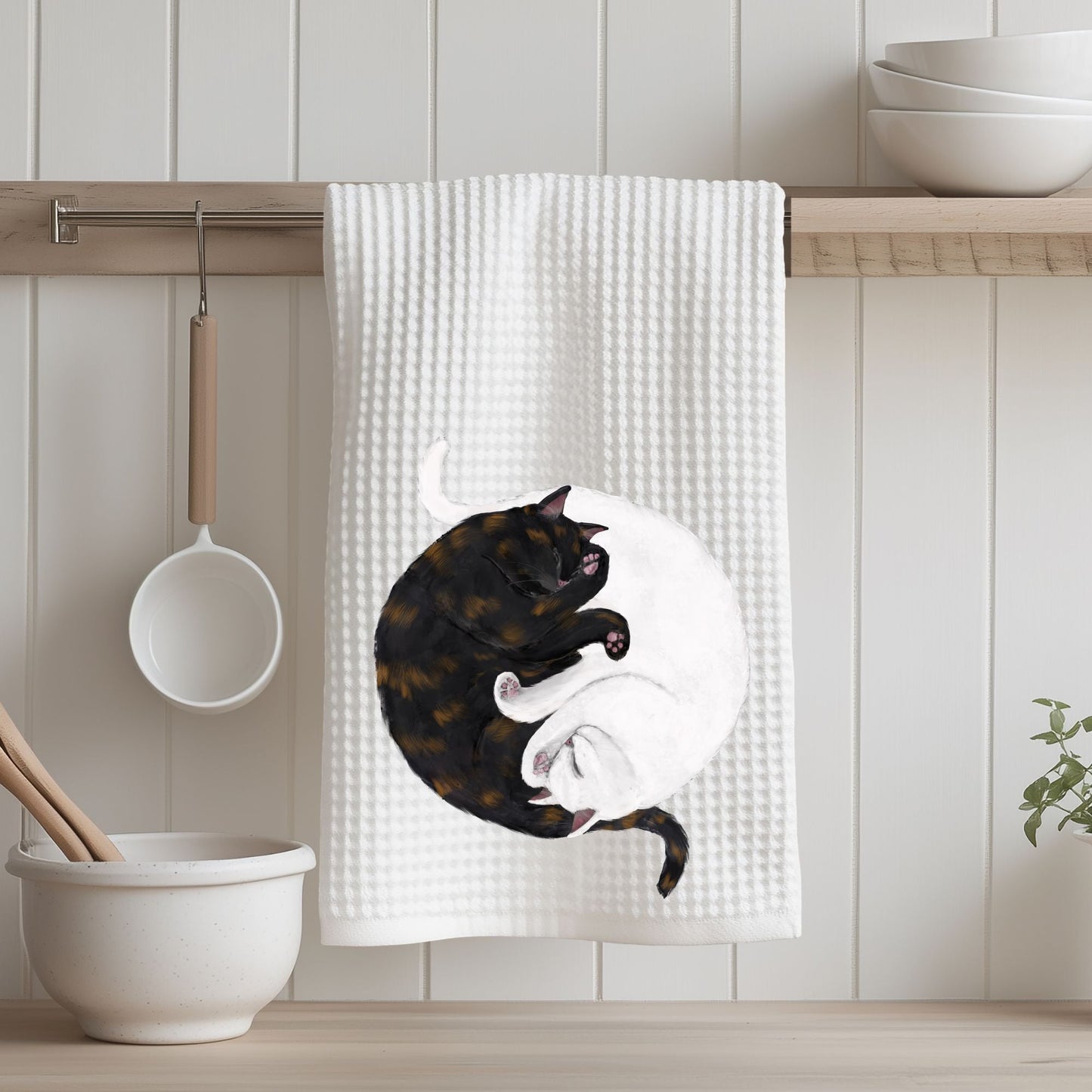Sleeping Tortoiseshell and White Cats Waffle Weave Kitchen Towel - MerikaArt